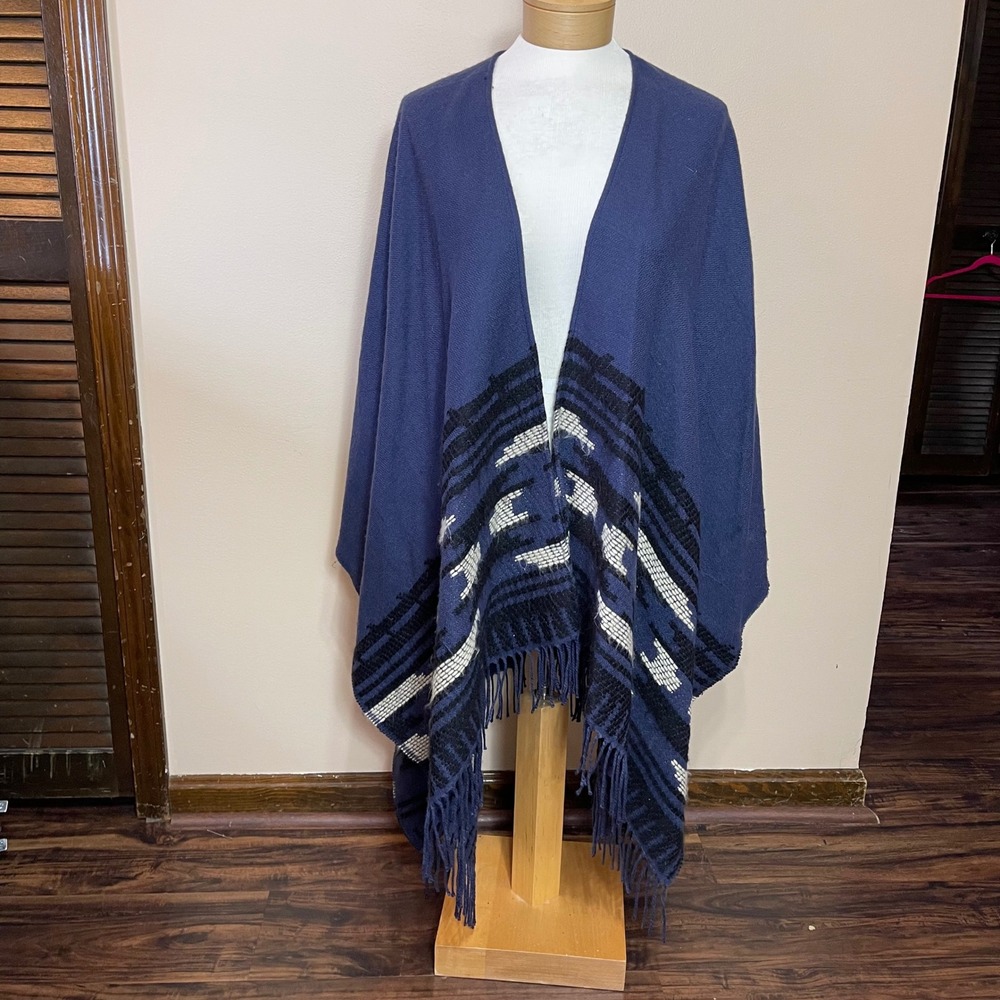 Accessory St New York Blue Southwestern Fringe Poncho Wrap One Size Shawl Cape